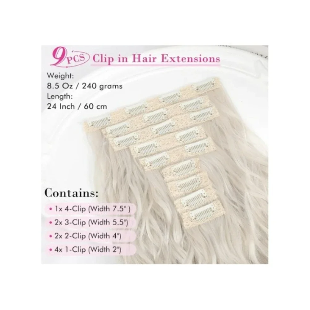 REECHO 9PCS Clip in Hair Extensions 24 Inch Mermaid Wave Platinum Blonde 240g